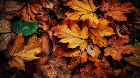 Autumn Leaves. Wallpaper with orange and golden colors. Generative AIの素材