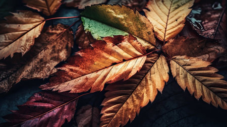 Autumn Leaves. Wallpaper with orange and golden colors. Generative AIの素材