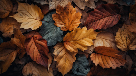 Autumn Leaves. Wallpaper with orange and golden colors. Generative AIの素材
