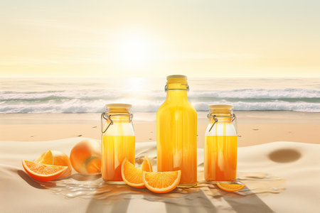 Sipping juice at a beach, depicted in photorealistic art, hues of yellow and orange by generative AIの素材