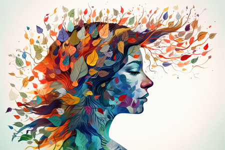 Vibrant female head with multicolored tree & leaves, surreal digital art, lively organic imagery by generative AIの素材