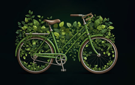 Green bike wrapped by lush leaves, intricately detailed by generative AIの素材
