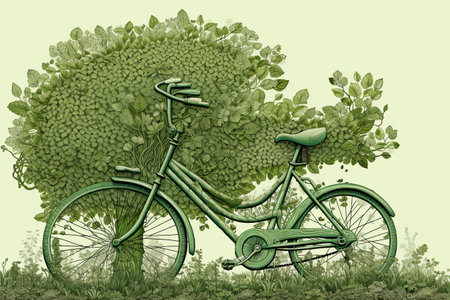 Green bike wrapped by lush leaves, intricately detailed by generative AIの素材