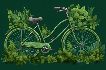 Green bike wrapped by lush leaves, intricately detailed by generative AIの素材