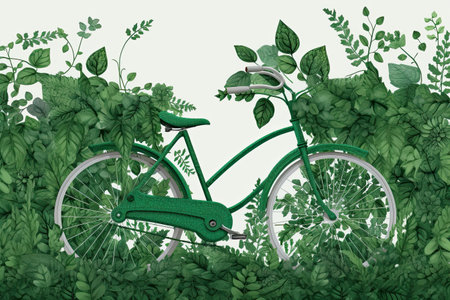 Green bike wrapped by lush leaves, intricately detailed by generative AIの素材