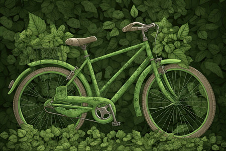 Green bike wrapped by lush leaves, intricately detailed by generative AIの素材