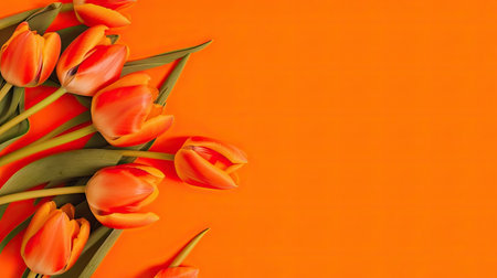 Tulips border with copy space on a colored background. Frame composition of spring flowers. Generative AIの素材