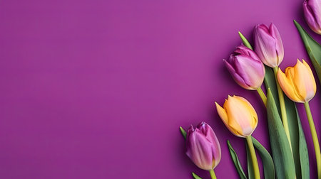 Tulips border with copy space on a colored background. Frame composition of spring flowers. Generative AIの素材