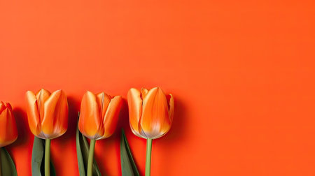 Tulips border with copy space on a colored background. Frame composition of spring flowers. Generative AIの素材