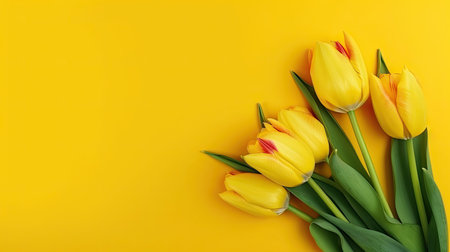 Tulips border with copy space on a colored background. Frame composition of spring flowers. Generative AIの素材