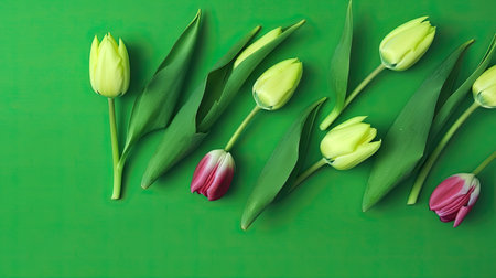 Tulips border with copy space on a colored background. Frame composition of spring flowers. Generative AIの素材