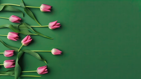 Tulips border with copy space on a colored background. Frame composition of spring flowers. Generative AIの素材