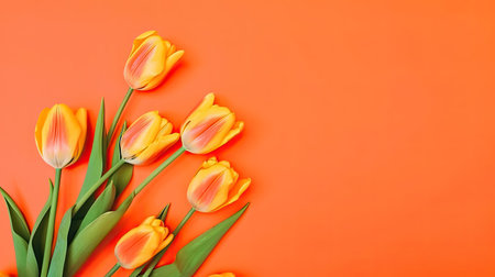 Tulips border with copy space on a colored background. Frame composition of spring flowers. Generative AIの素材
