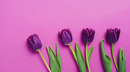 Tulips border with copy space on a colored background. Frame composition of spring flowers. Generative AIの素材