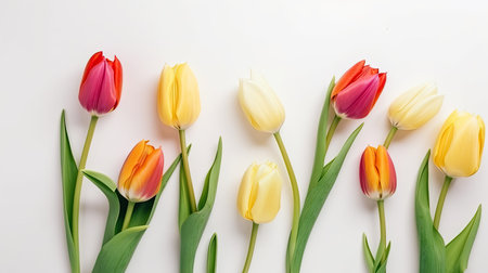 Tulips border with copy space on a white background. Frame composition of spring flowers. Generative AIの素材