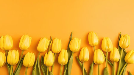 Tulips border with copy space on a colored background. Frame composition of spring flowers. Generative AIの素材
