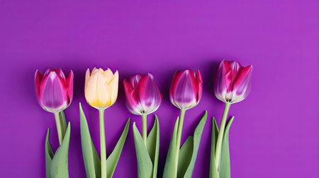 Tulips border with copy space on a colored background. Frame composition of spring flowers. Generative AIの素材