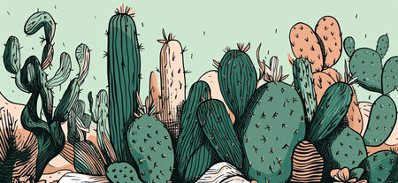 Vibrant, hand sketched cactus illustrations with striking lines, shapes, and disorderly patterns by generative AIの素材
