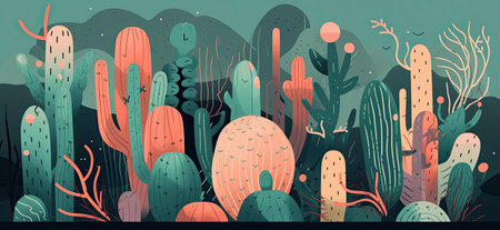 Vibrant, hand sketched cactus illustrations with striking lines, shapes, and disorderly patterns by generative AIの素材