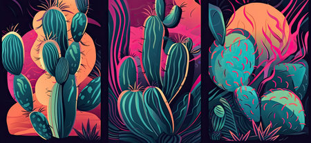 Vibrant, hand sketched cactus illustrations with striking lines, shapes, and disorderly patterns by generative AIの素材