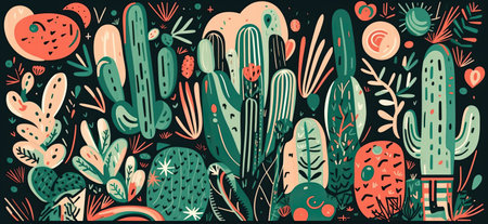 Vibrant, hand sketched cactus illustrations with striking lines, shapes, and disorderly patterns by generative AIの素材