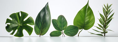 White backdrop with green leaves from multiple plants, styled in tropical symbolism by generative AIの素材