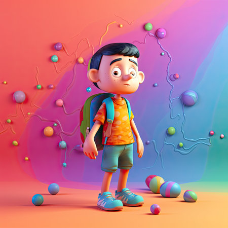 Back to school with a playful, cheerful 3D cartoon character of a small boy on a colorful background by generative AIの素材