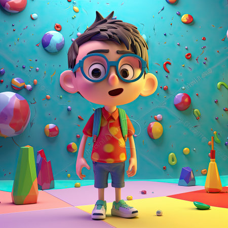 Back to school with a playful, cheerful 3D cartoon character of a small boy on a colorful background by generative AIの素材