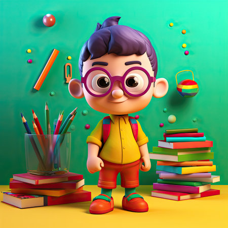 Back to school with a playful, cheerful 3D cartoon character of a small boy on a colorful background by generative AIの素材