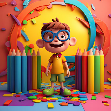 Back to school with a playful, cheerful 3D cartoon character of a small boy on a colorful background by generative AIの素材