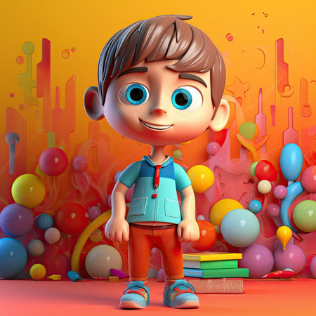 Back to school with a playful, cheerful 3D cartoon character of a small boy on a colorful background by generative AIの素材