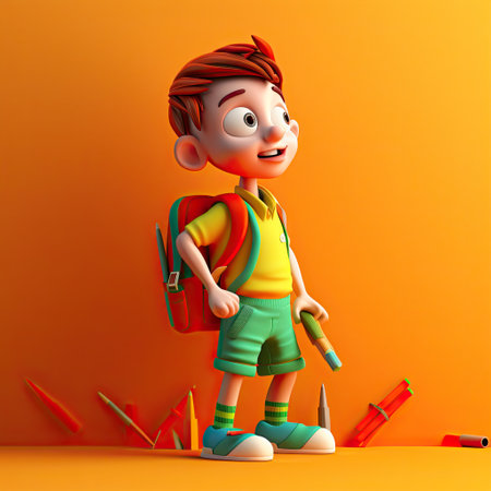 Back to school with a playful, cheerful 3D cartoon character of a small boy on a colorful background by generative AIの素材
