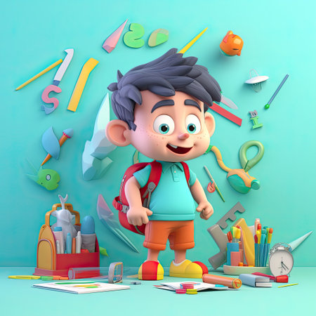 Back to school with a playful, cheerful 3D cartoon character of a small boy on a colorful background by generative AIの素材