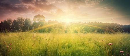 Fields and pastures with lush green grass, under sunny blue skies of summer. Background is serene generative AIの素材