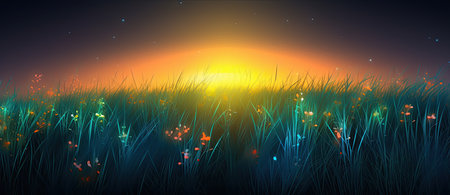 Fields and pastures with lush green grass, under sunny blue skies of summer. Background is serene generative AIの素材