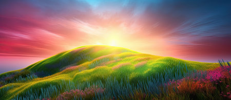 Fields and pastures with lush green grass, under sunny blue skies of summer. Background is serene generative AIの素材