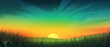 Fields and pastures with lush green grass, under sunny blue skies of summer. Background is serene generative AIの素材