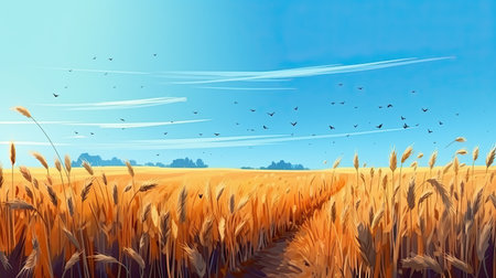 Beautiful illustration of a ripe wheat field against the blue sky, representing summertime by generative AIの素材