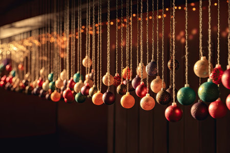 Christmas balls in warm tones, perfect for use in vibrant stage backgrounds, festive colors by generative AIの素材