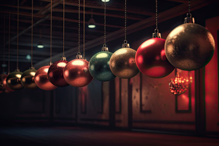 Christmas balls in warm tones, perfect for use in vibrant stage backgrounds, festive colors by generative AIの素材