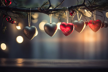 Beautiful and delicate heart shaped Christmas ornaments on tree branch, blurred background by generative AIの素材