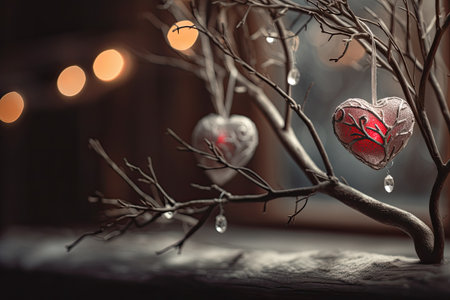 Beautiful and delicate heart shaped Christmas ornaments on tree branch, blurred background by generative AIの素材