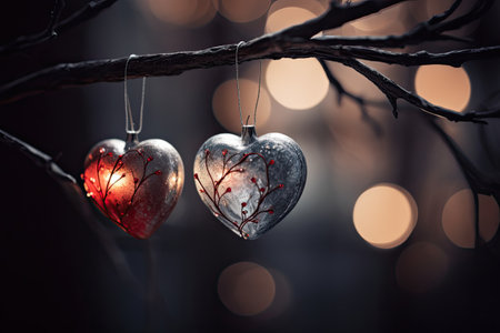 Beautiful and delicate heart shaped Christmas ornaments on tree branch, blurred background by generative AIの素材