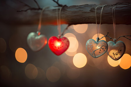 Beautiful and delicate heart shaped Christmas ornaments on tree branch, blurred background by generative AIの素材