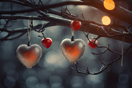 Beautiful and delicate heart shaped Christmas ornaments on tree branch, blurred background by generative AIの素材