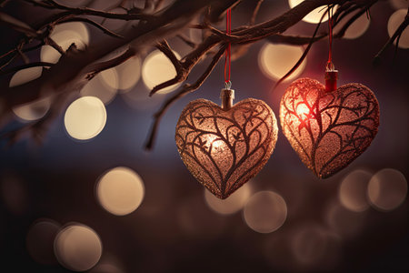 Beautiful and delicate heart shaped Christmas ornaments on tree branch, blurred background by generative AIの素材