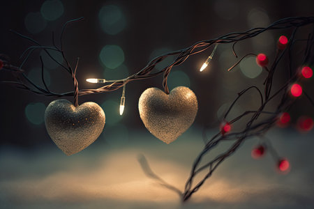 Beautiful and delicate heart shaped Christmas ornaments on tree branch, blurred background by generative AIの素材