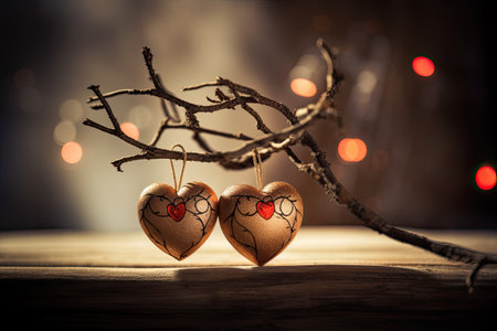 Beautiful and delicate heart shaped Christmas ornaments on tree branch, blurred background by generative AIの素材