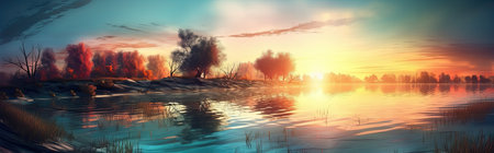Panoramic image of the sunset on a beautiful lake. Generative AIの素材