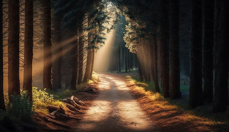 Sunlight and forest in the afternoon. Lonely path through the trees. Generative AIの素材